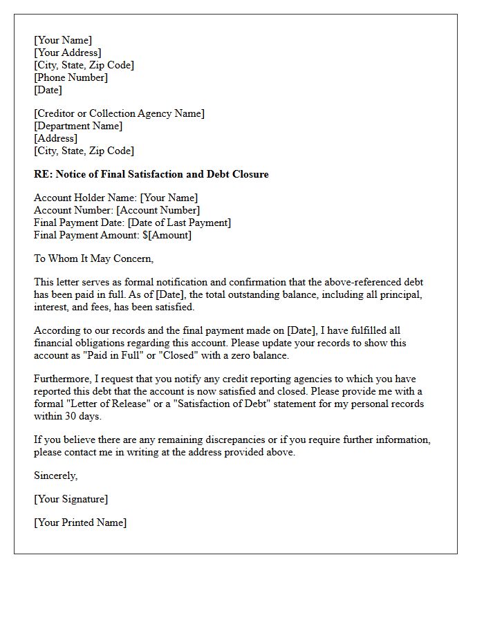 Final Satisfaction of Debt Closure Letter