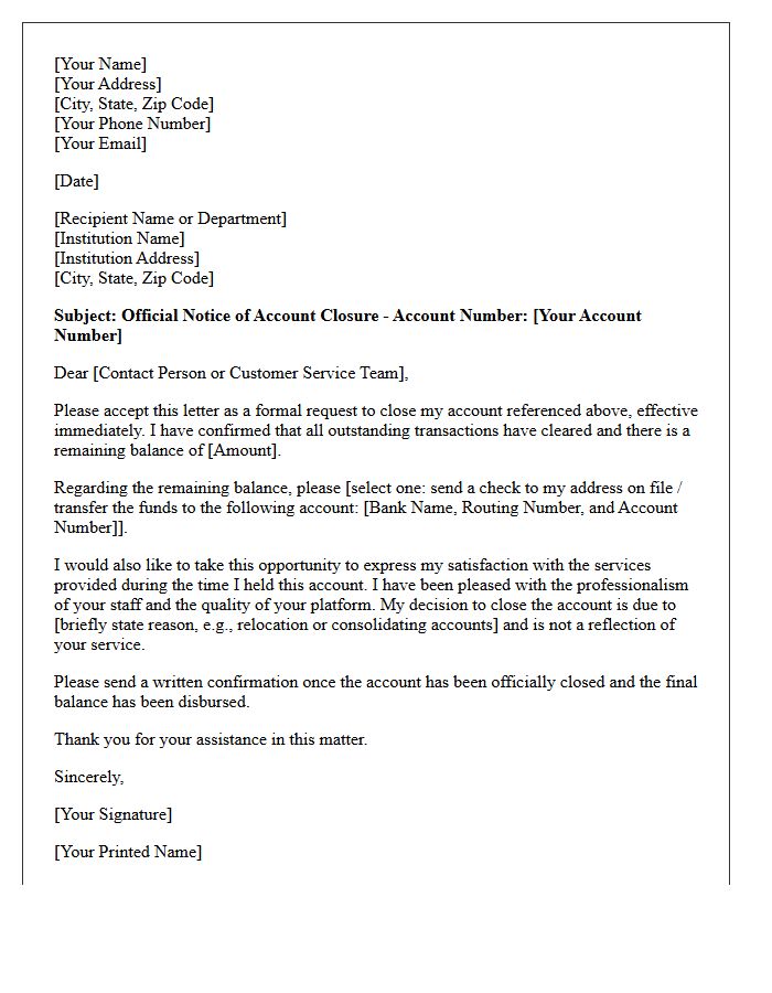 Official Account Closure and Satisfaction Letter
