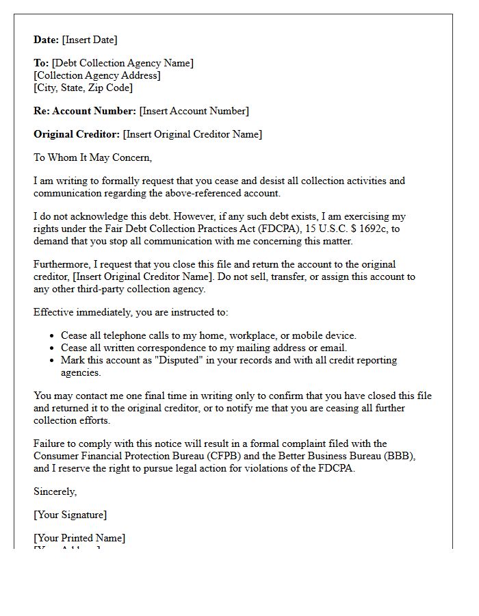 Cease And Desist Return To Original Creditor Closure Letter