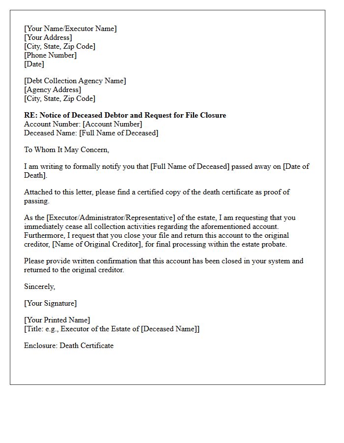 Deceased Debtor Return To Original Creditor Closure Letter