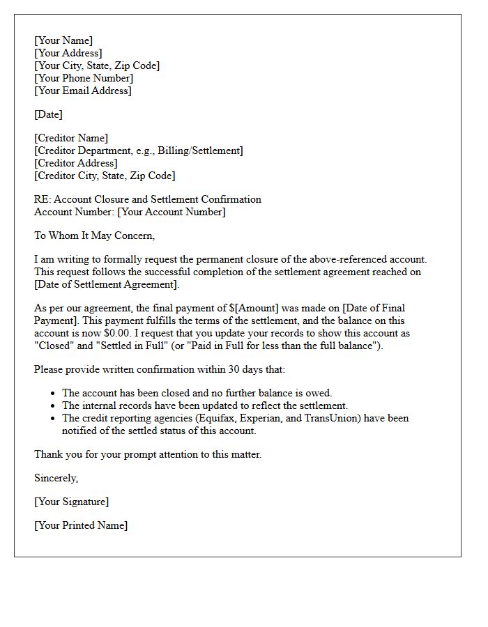 Direct Creditor Settlement Account Closure Letter