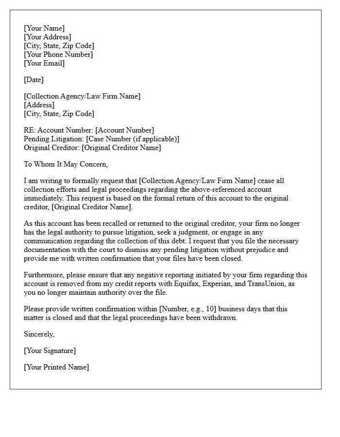Pending Litigation Return To Original Creditor Closure Letter