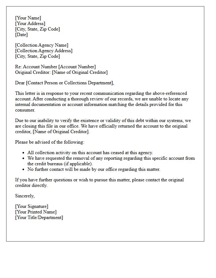Unable To Locate Return To Original Creditor Closure Letter