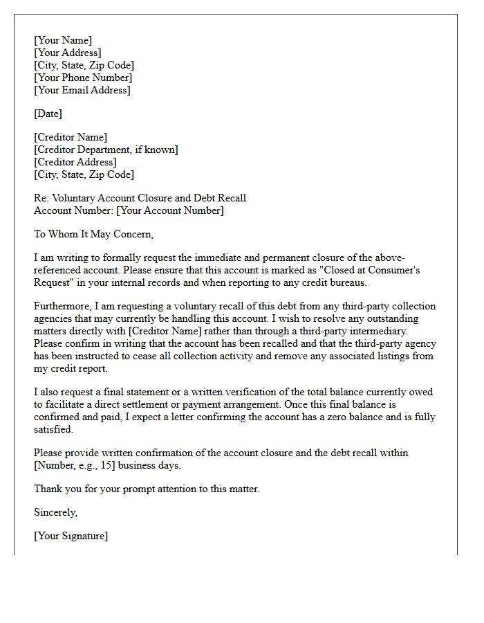Voluntary Creditor Recall And Account Closure Letter