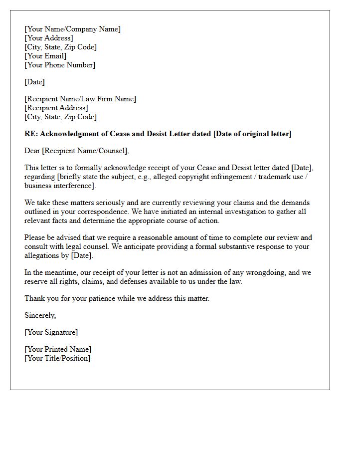 Cease and Desist Acknowledgment Letter