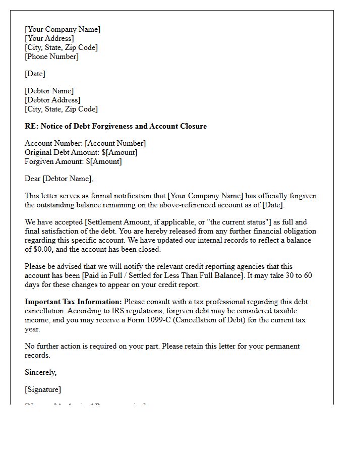 Debt Forgiveness Closure Letter