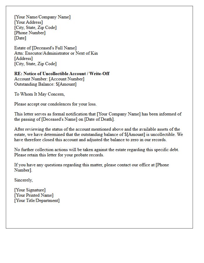 Deceased Debtor Uncollectible Account Letter