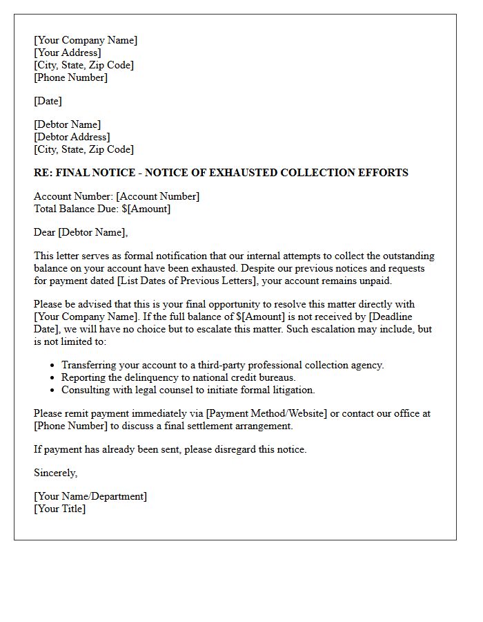 Exhausted Collection Efforts Letter