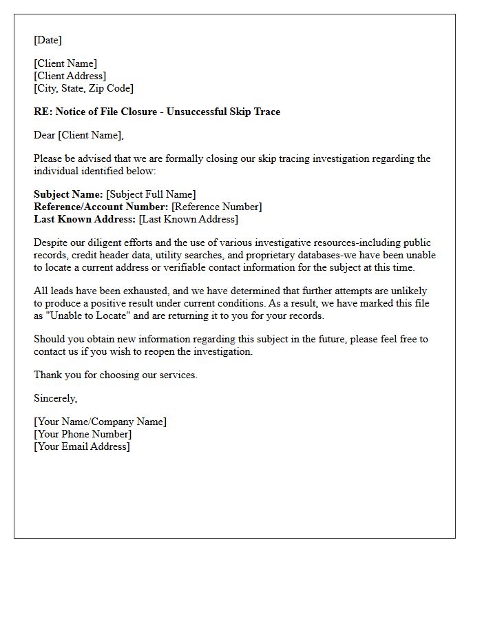 Skip Tracing Failure Closure Letter