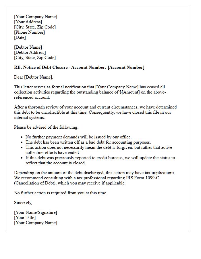 Uncollectible Debt Closure Letter