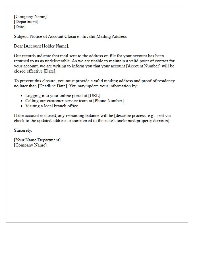 Undeliverable Address Account Closure Letter