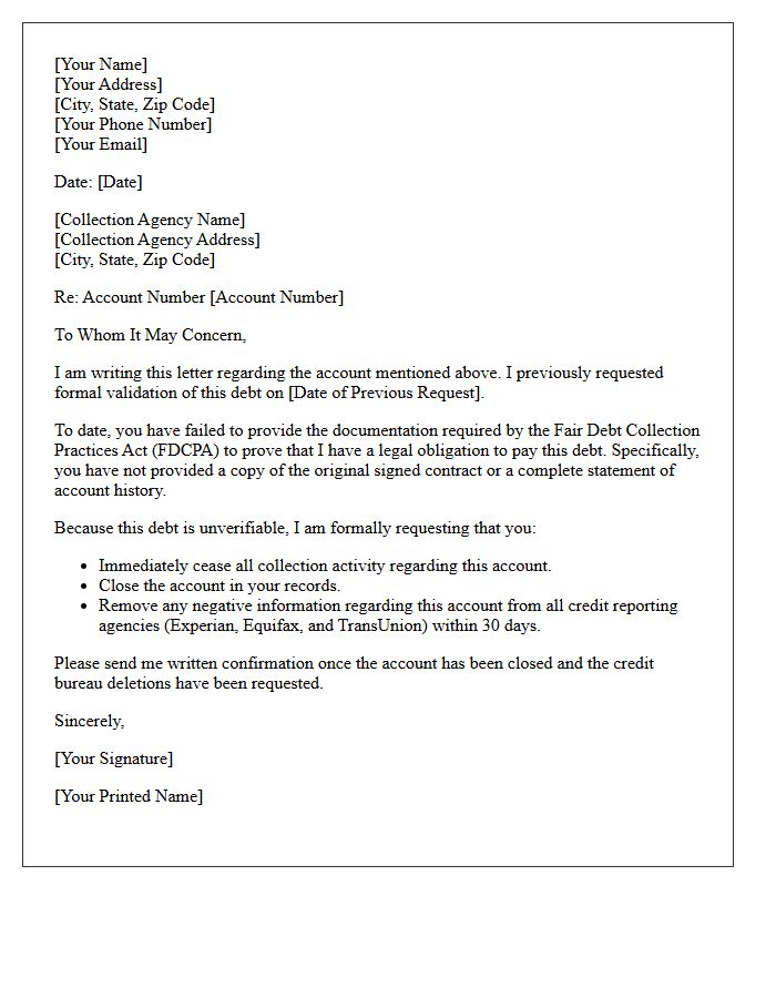 Unverifiable Debt Account Closure Letter