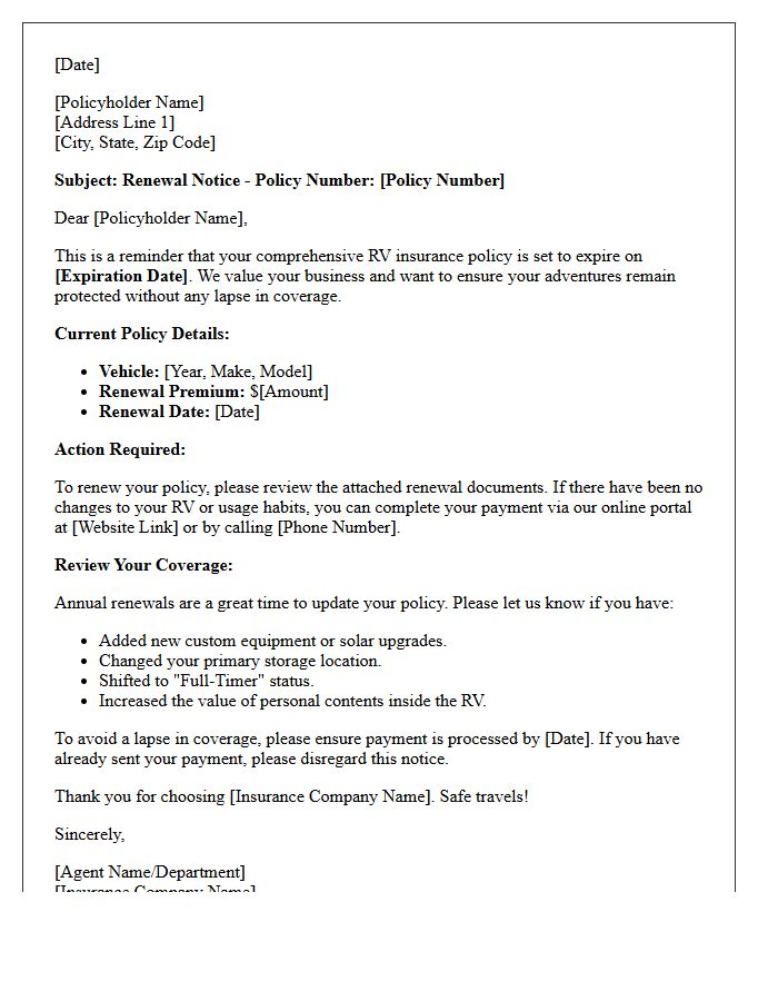 Comprehensive RV Insurance Annual Renewal Reminder Letter