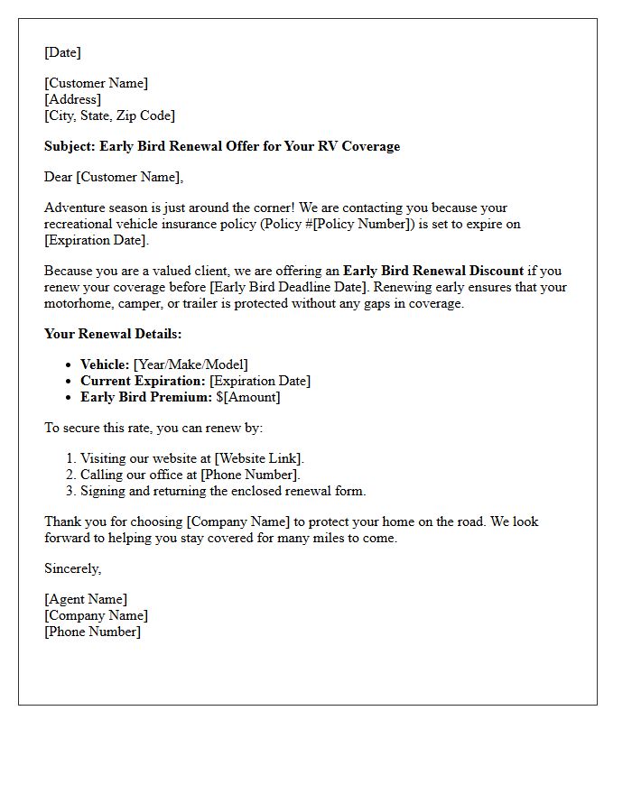 Early Bird Recreational Vehicle Coverage Renewal Reminder Letter