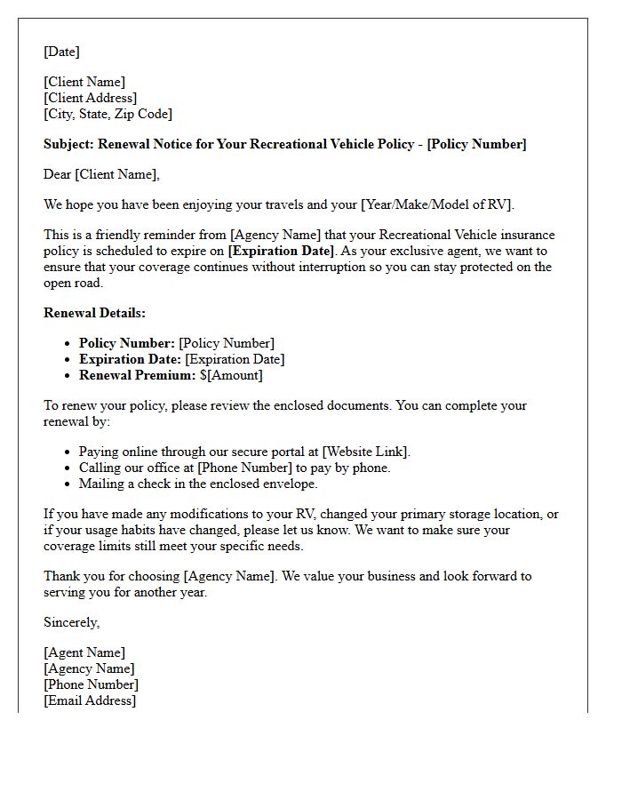 Exclusive Agency Recreational Vehicle Renewal Reminder Letter