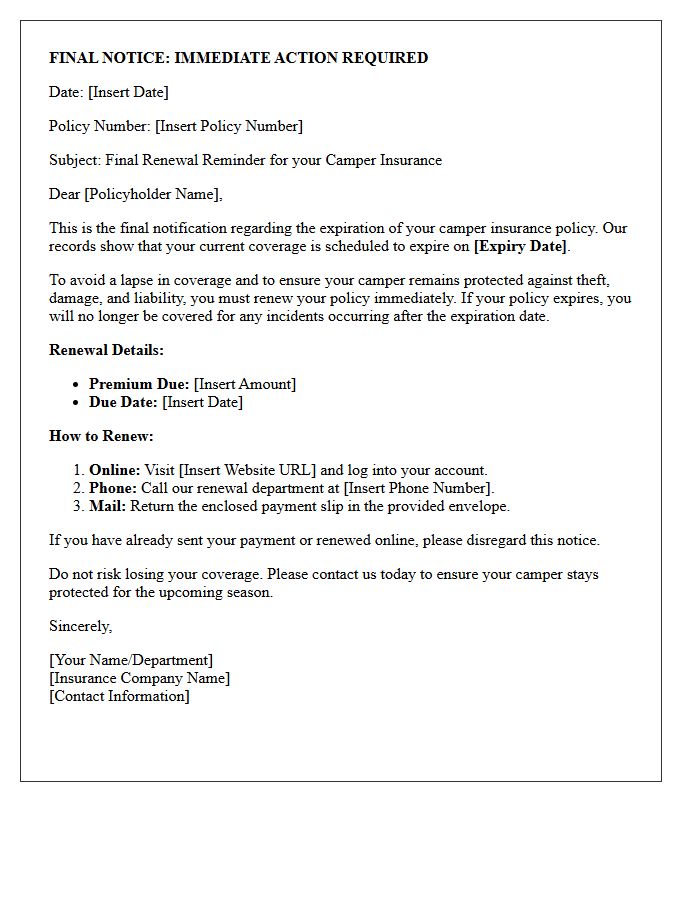 Final Notice Camper Insurance Renewal Reminder Letter