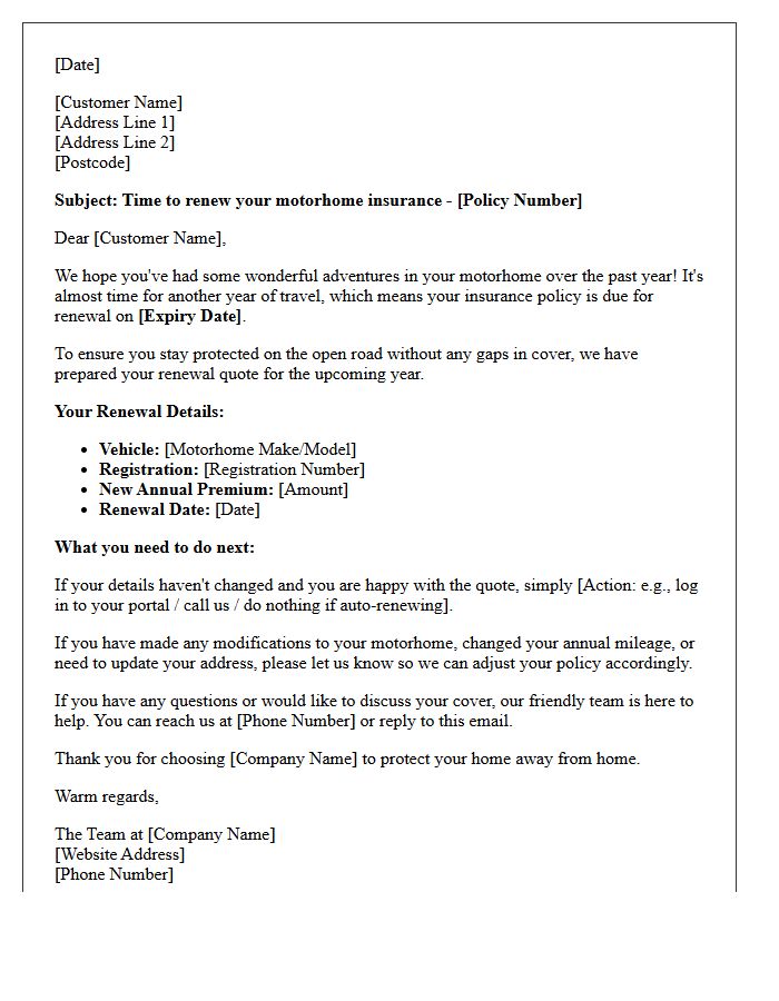 Friendly Motorhome Insurance Policy Renewal Reminder Letter