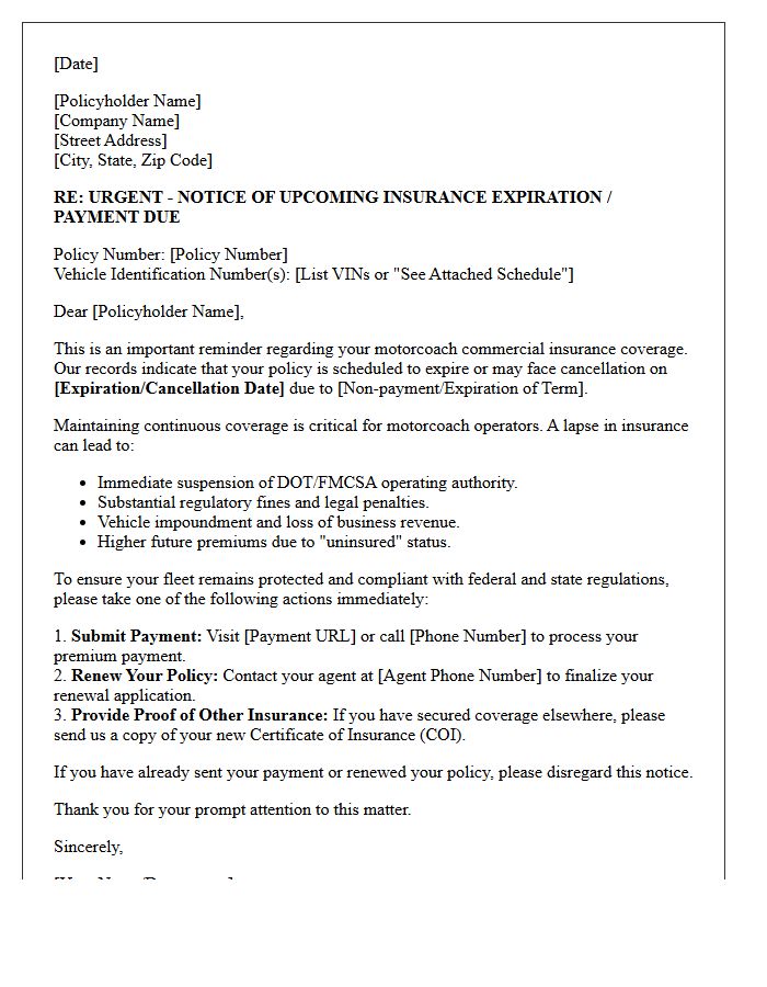 Important Motorcoach Insurance Lapse Prevention Reminder Letter
