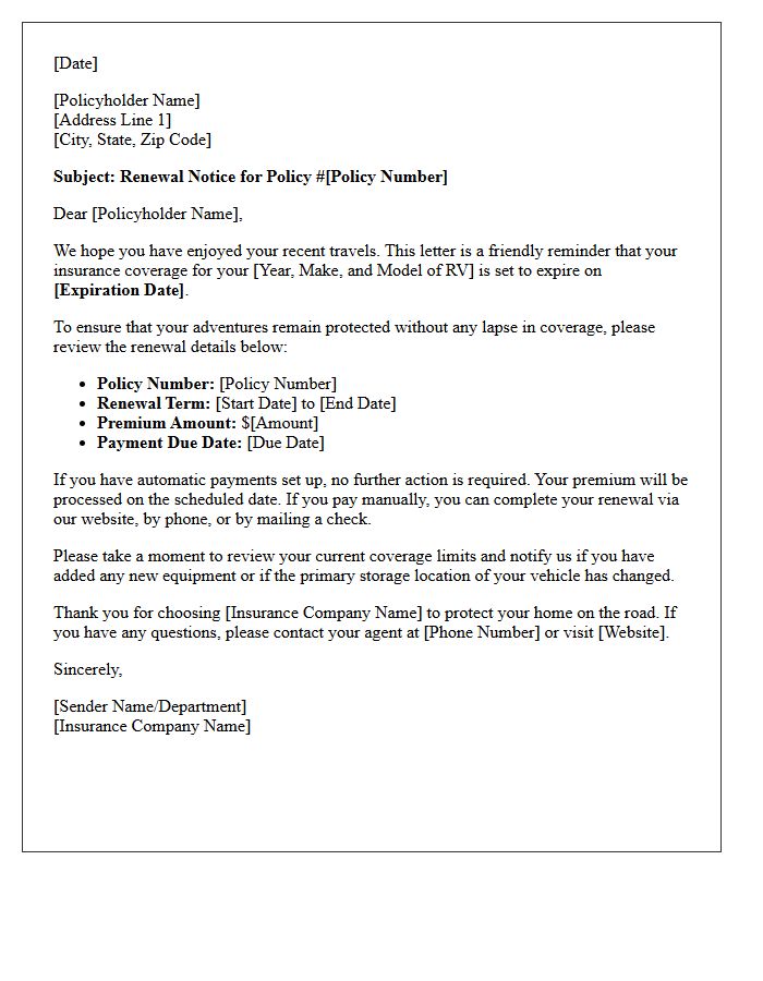 Standard Recreational Vehicle Insurance Renewal Reminder Letter