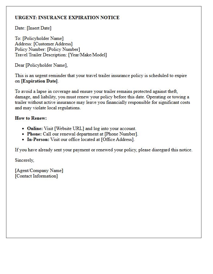 Urgent Travel Trailer Insurance Expiration Reminder Letter