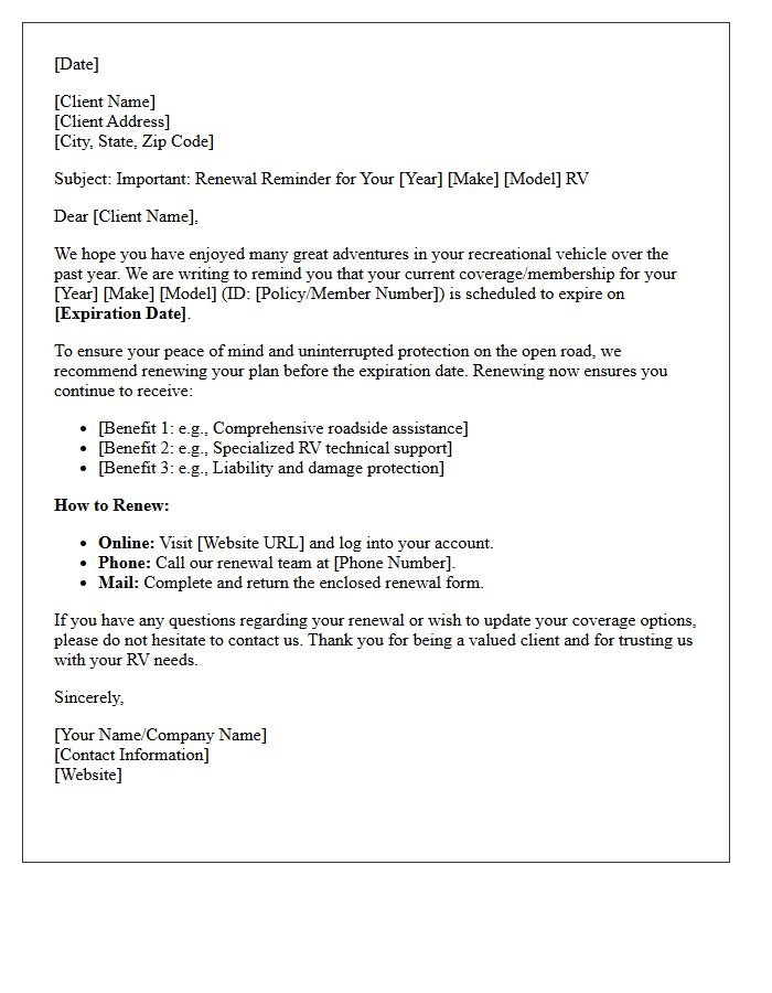Valued Client Recreational Vehicle Renewal Reminder Letter