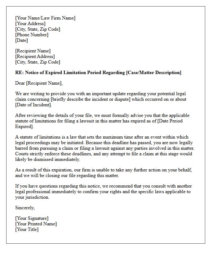 Expired Limitation Period Advisory Letter