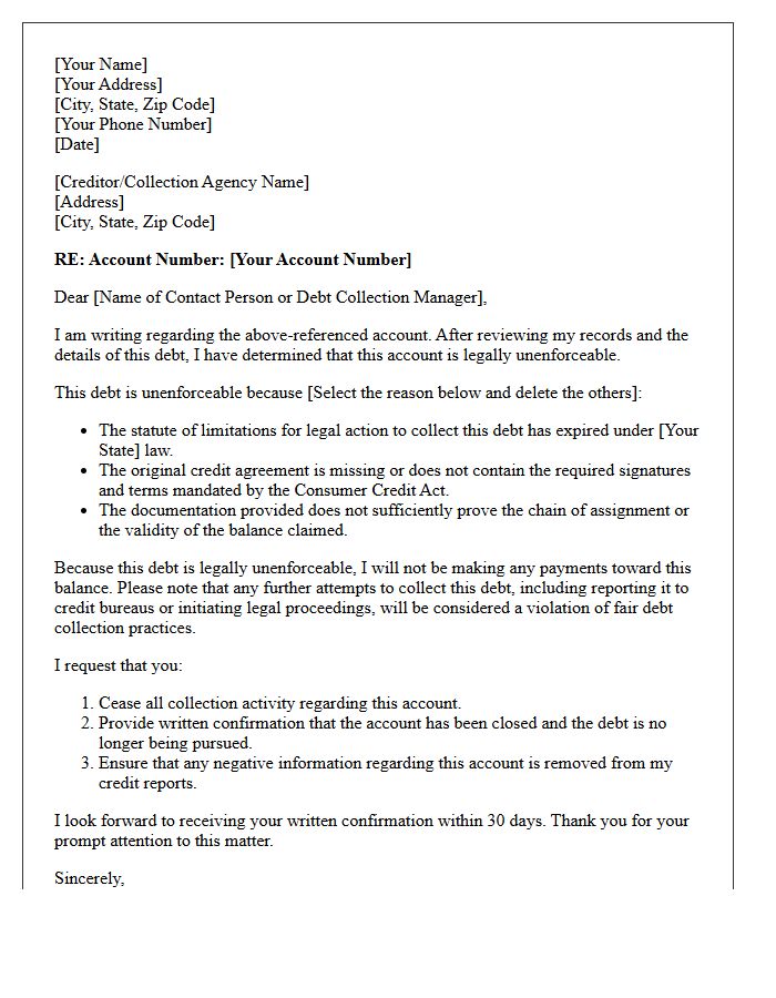 Unenforceable Debt Account Resolution Letter
