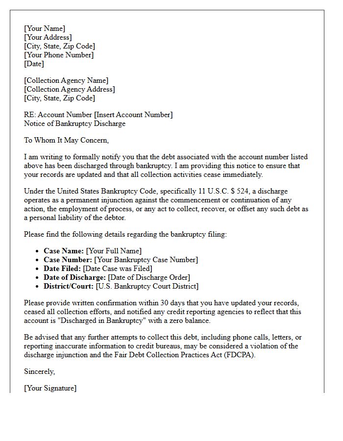 Collection Agency Bankruptcy Discharge Acknowledgment Letter
