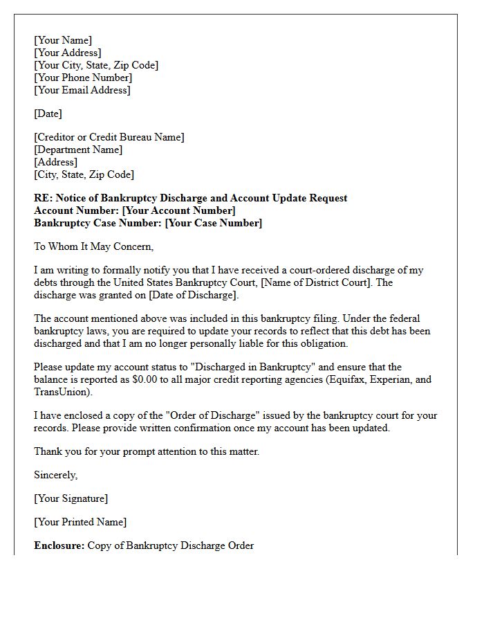 Court Ordered Bankruptcy Discharge Account Update Letter