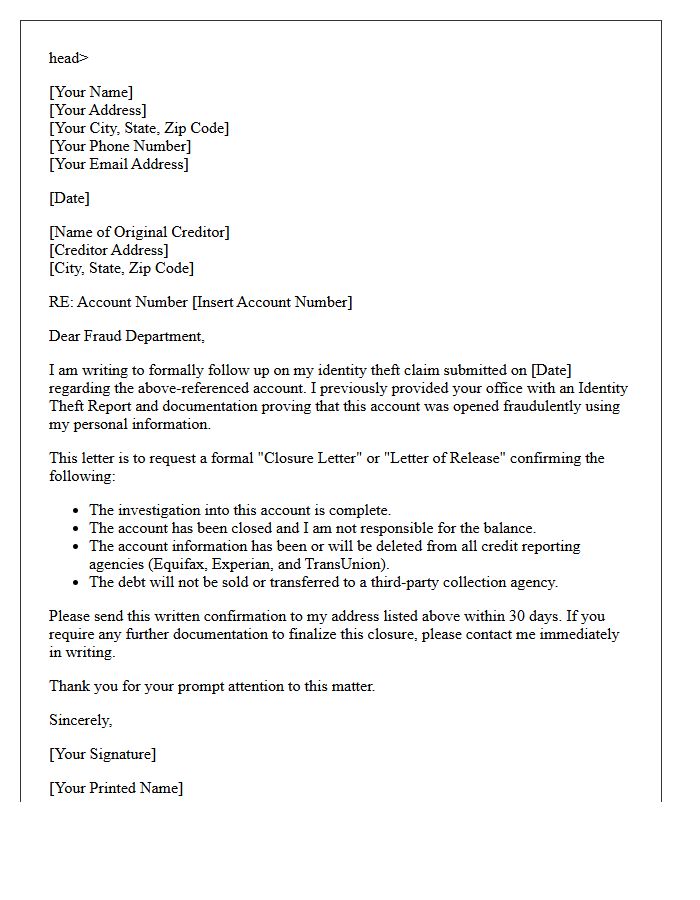 Original Creditor Notified Identity Theft Closure Letter