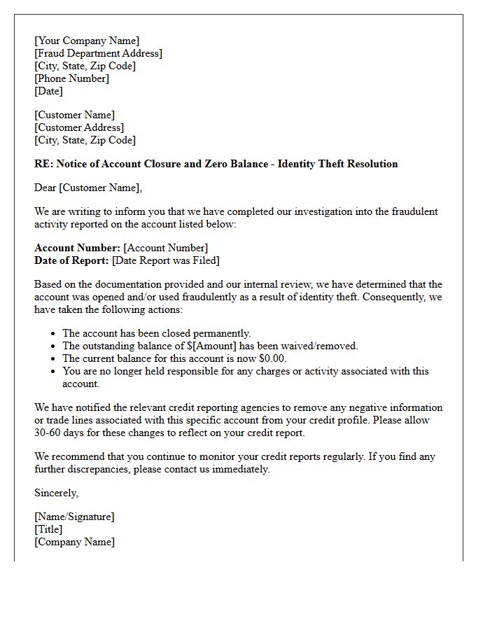 Zero Balance Identity Theft Resolution Closure Letter