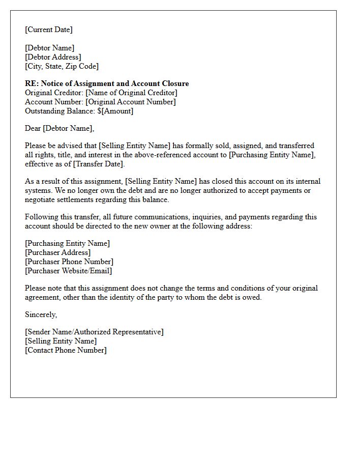 Debt Purchaser Assignment and Closure Letter