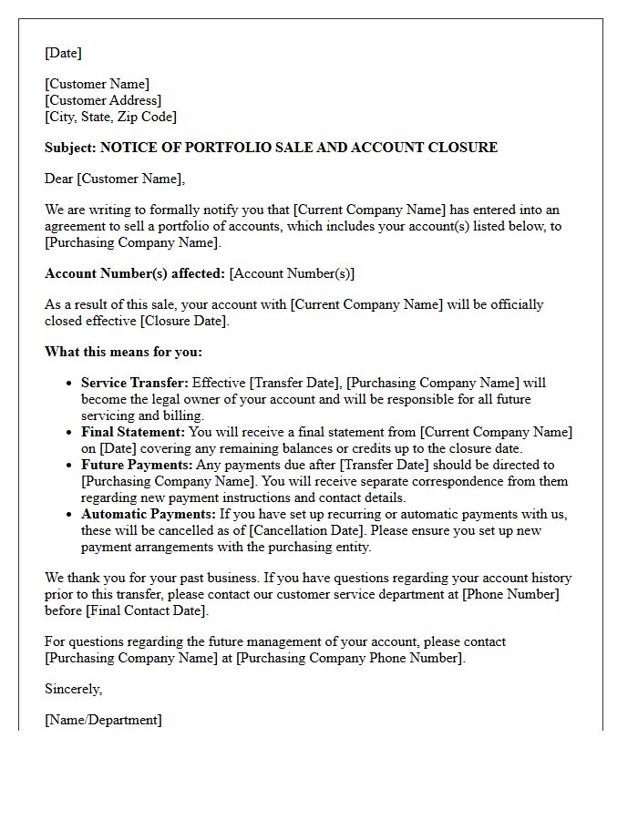 Portfolio Sale Account Closure Notice Letter