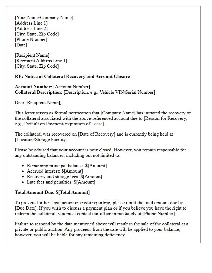 Collateral Recovery and Account Closure Letter
