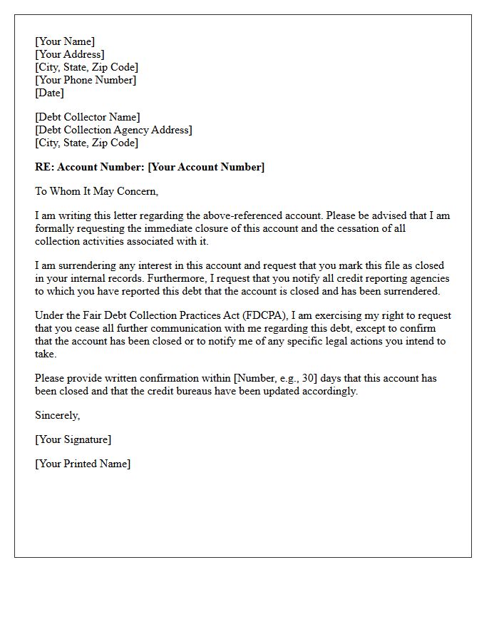 Debt Collection Account Closure and Surrender Letter