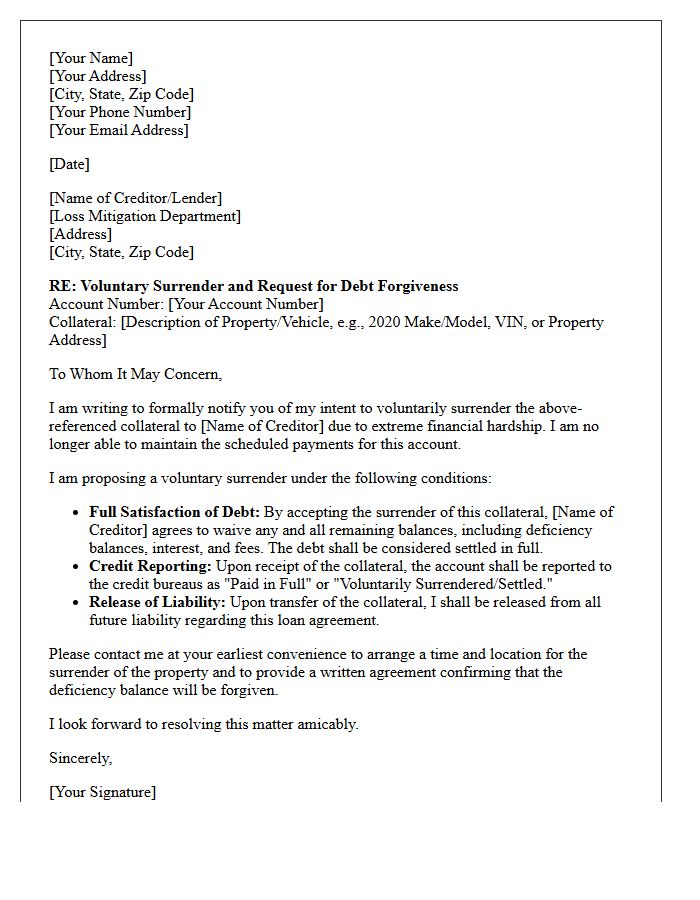 Debt Forgiveness and Voluntary Surrender Letter