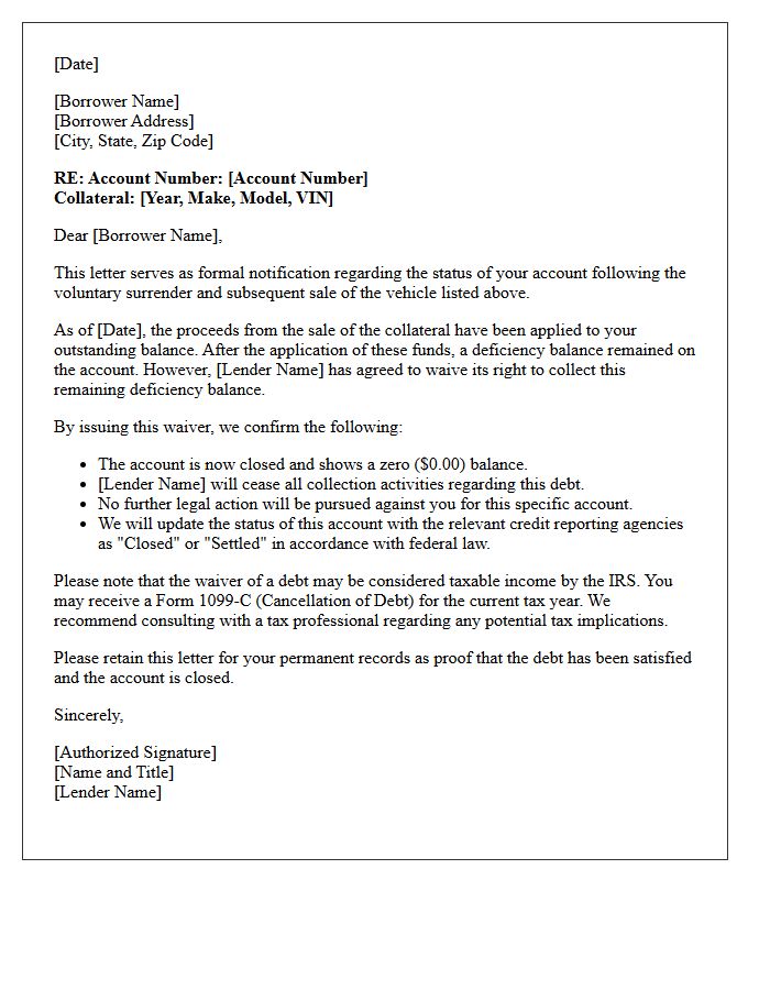 Post-Surrender Deficiency Waiver and Closure Letter