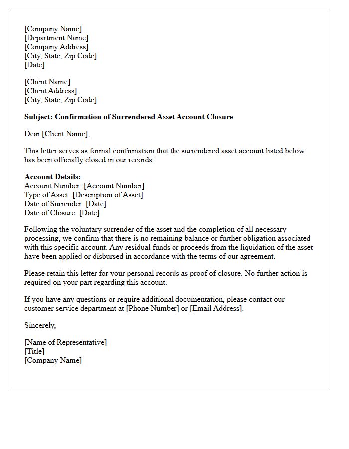 Surrendered Asset Account Closure Confirmation Letter