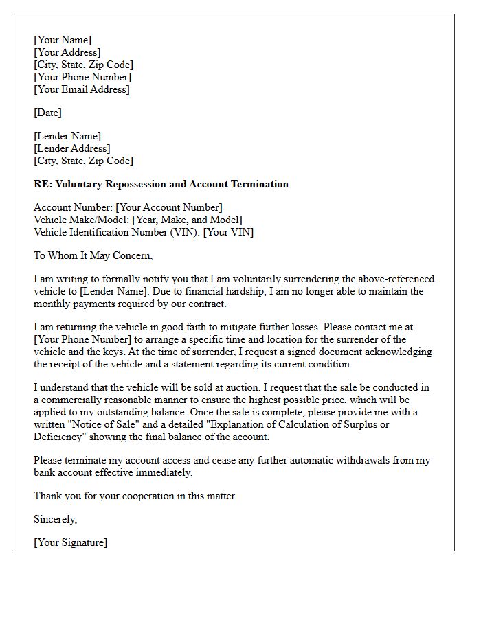 Voluntary Repossession Account Termination Letter