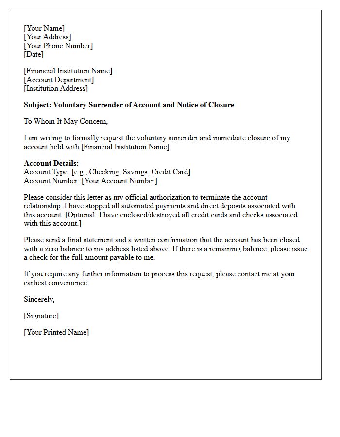 Voluntary Surrender Account Closure Letter