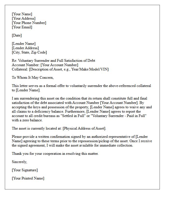 Voluntary Surrender Debt Satisfaction Letter