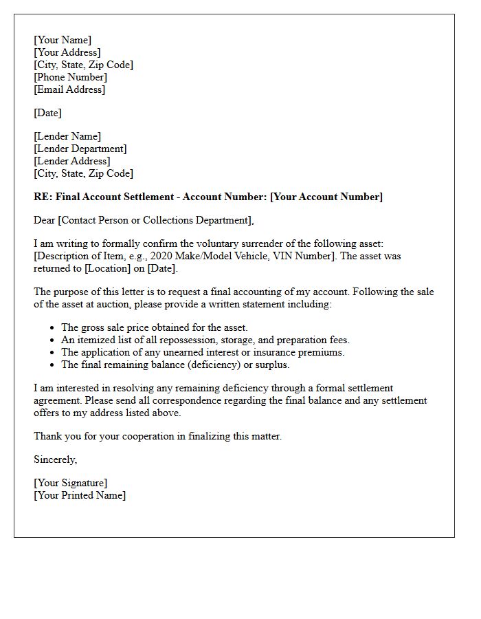 Voluntary Surrender Final Account Settlement Letter