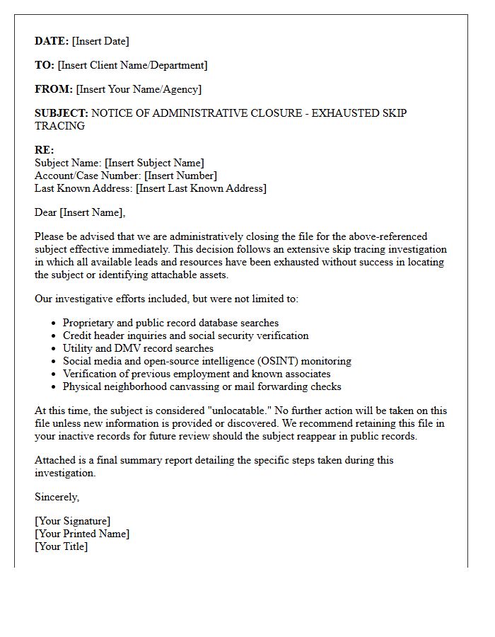 Exhausted Skip Tracing Administrative Closure Letter