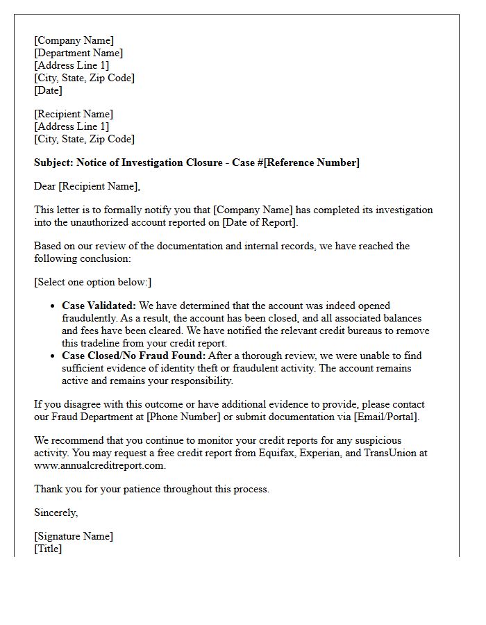 Fraudulent Account Investigation Closure Letter