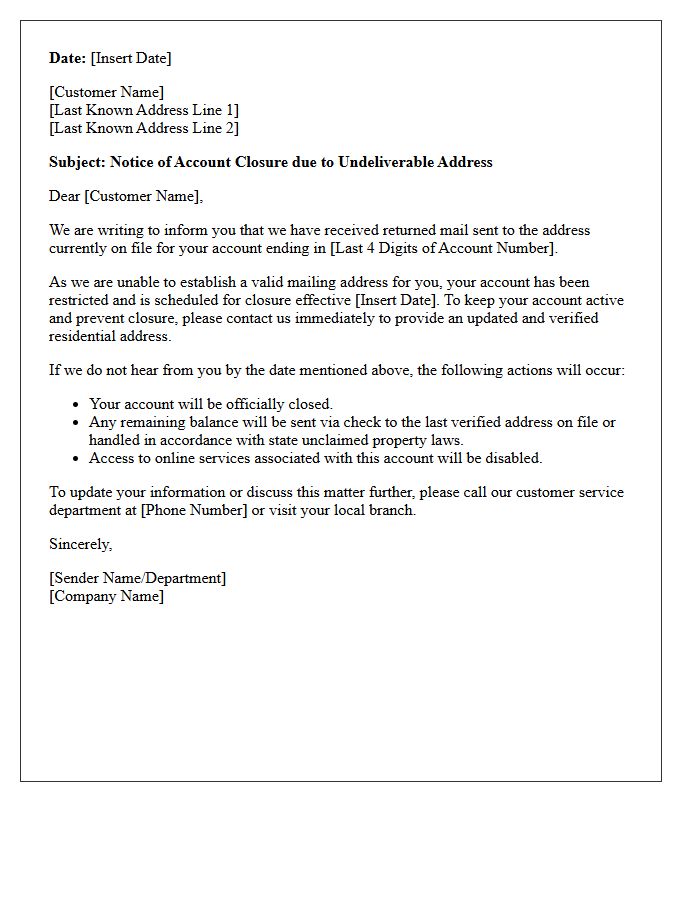 Undeliverable Address Account Closure Letter
