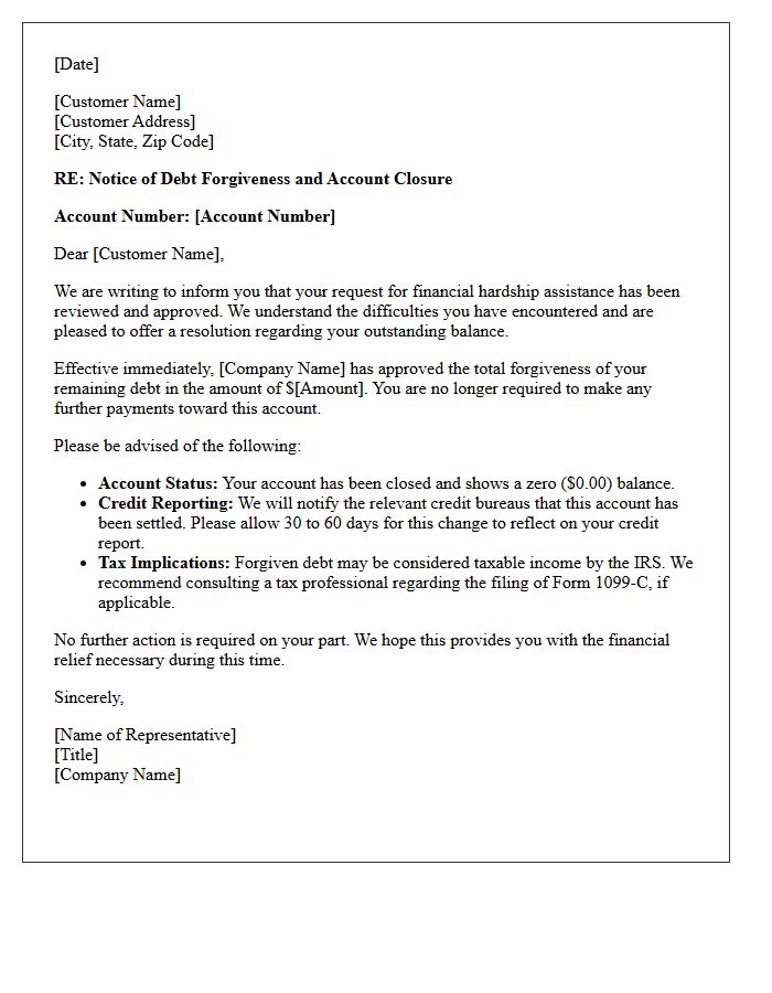 Approved Hardship Debt Forgiveness and Account Closure Letter