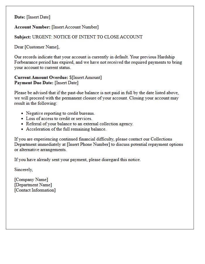 Defaulted Hardship Forbearance Account Closure Warning Letter