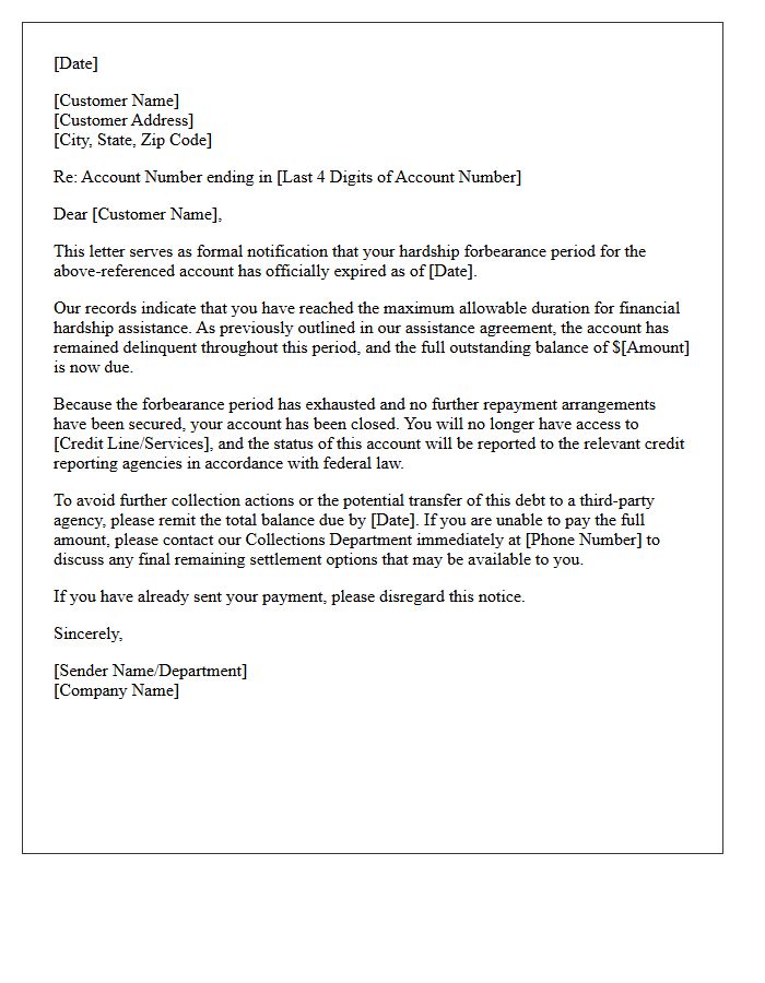 Hardship Forbearance Exhaustion and Account Closure Letter
