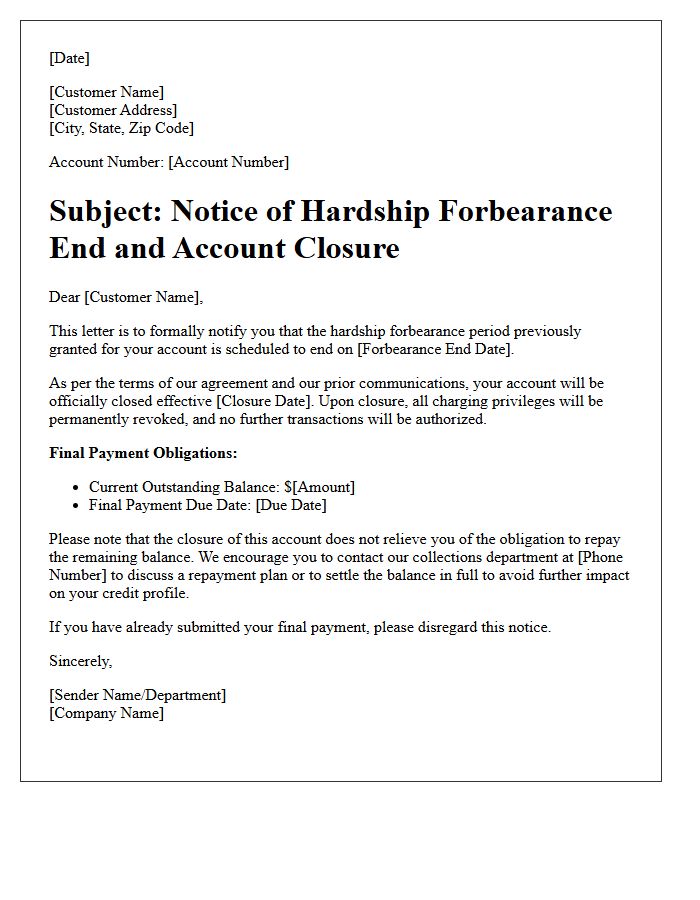 Hardship Forbearance Period End Account Closure Notice Letter