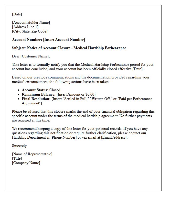 Medical Hardship Forbearance Account Closure Notification Letter